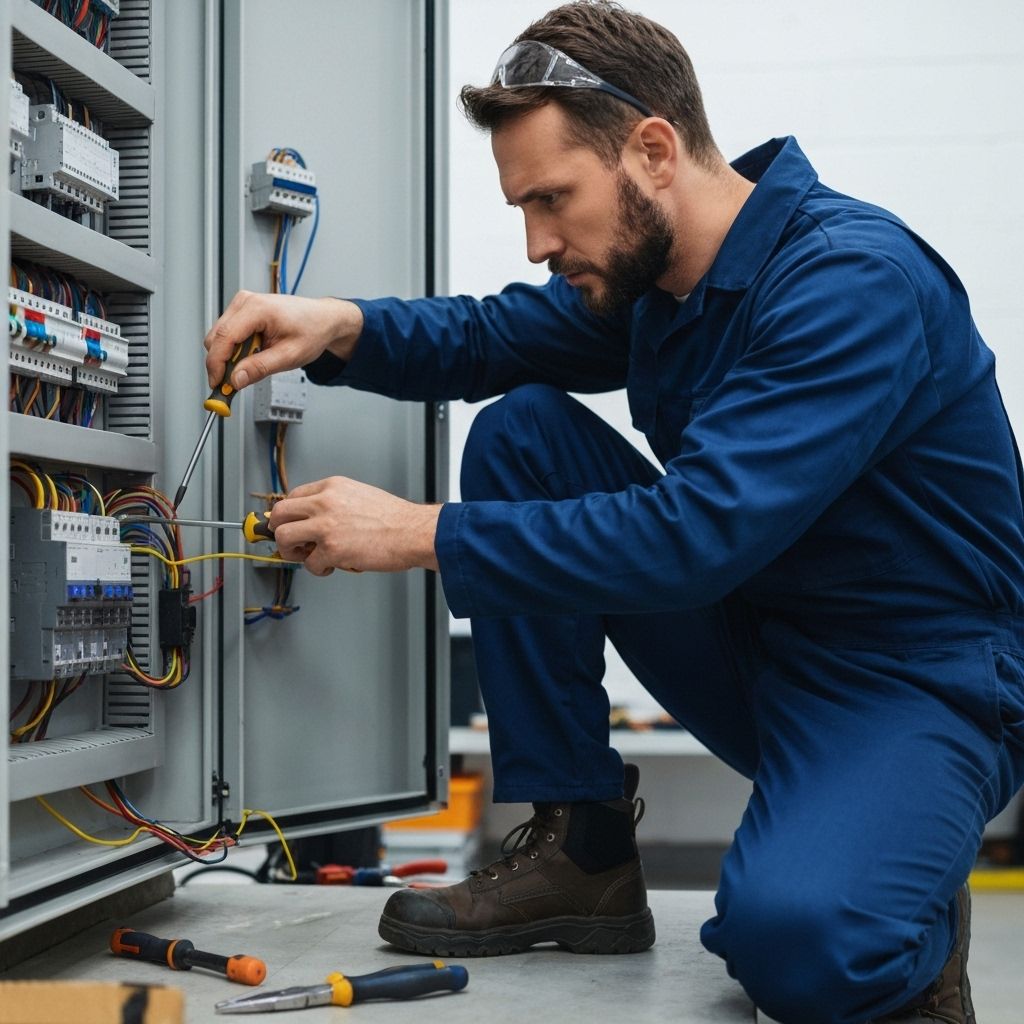 Professional electrician working on electrical panel, representing workers' compensation insurance coverage for California electricians